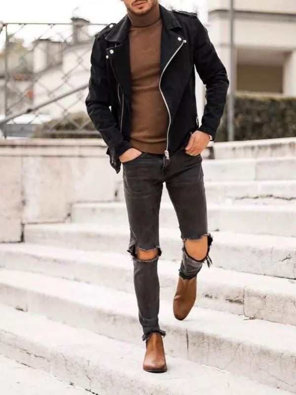 School farewell party outfit for men. Men in leather jackets, highneck and jeans