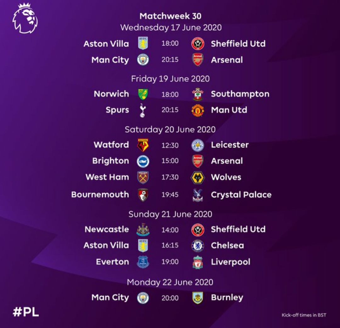 Premier League sets date for the remaining 92 matches of the 2019/20 season