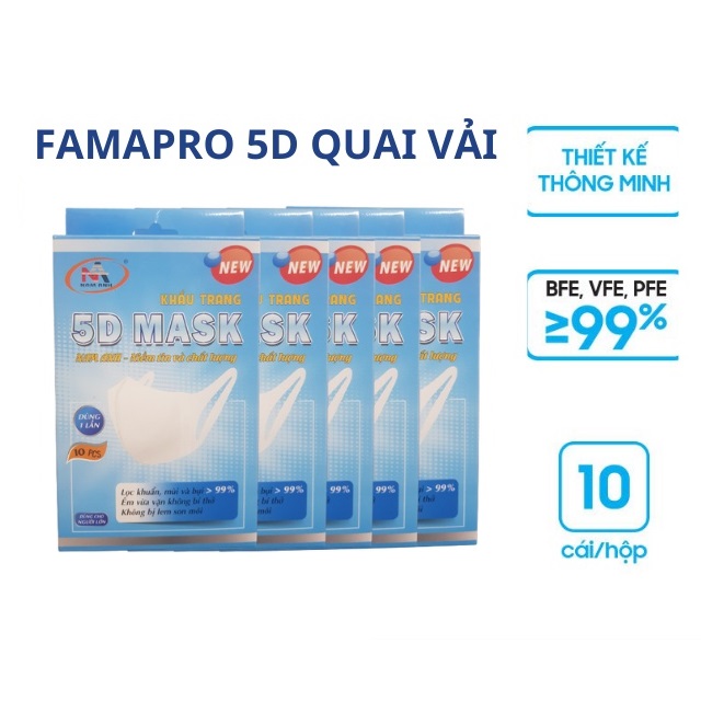 [HỘP-10 CÁI-QUAI VẢI] HỘP Khẩu trang y tế kháng khuẩn 3 lớp Famapro 5D Mask