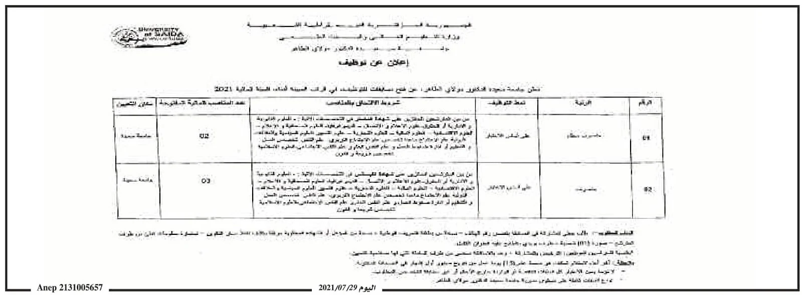 اعلان توظيف بجامعة سعيدة اعلان توظيف بجامعة سعيدة