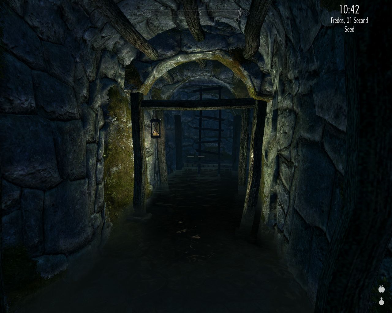 stone corridor with water on the floor leads to a wooden ladder