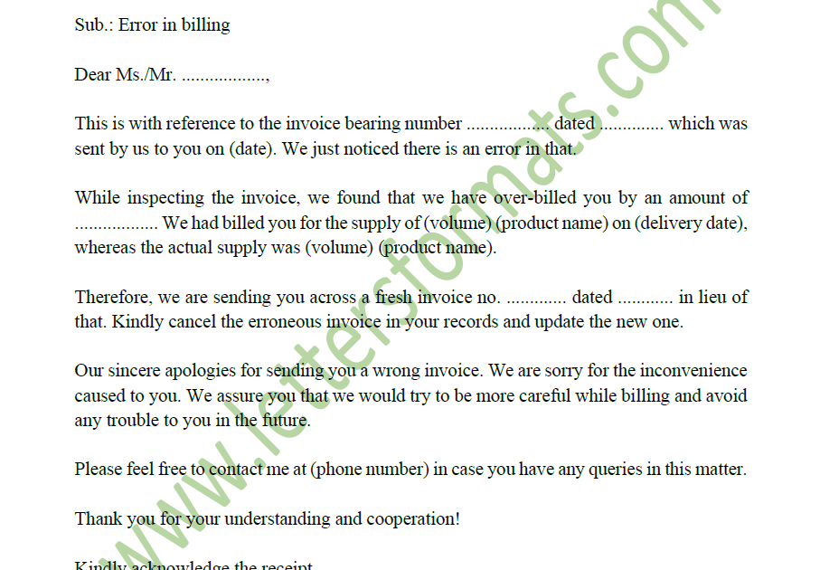 Draft apology letter to customer for wrong invoice billing error
