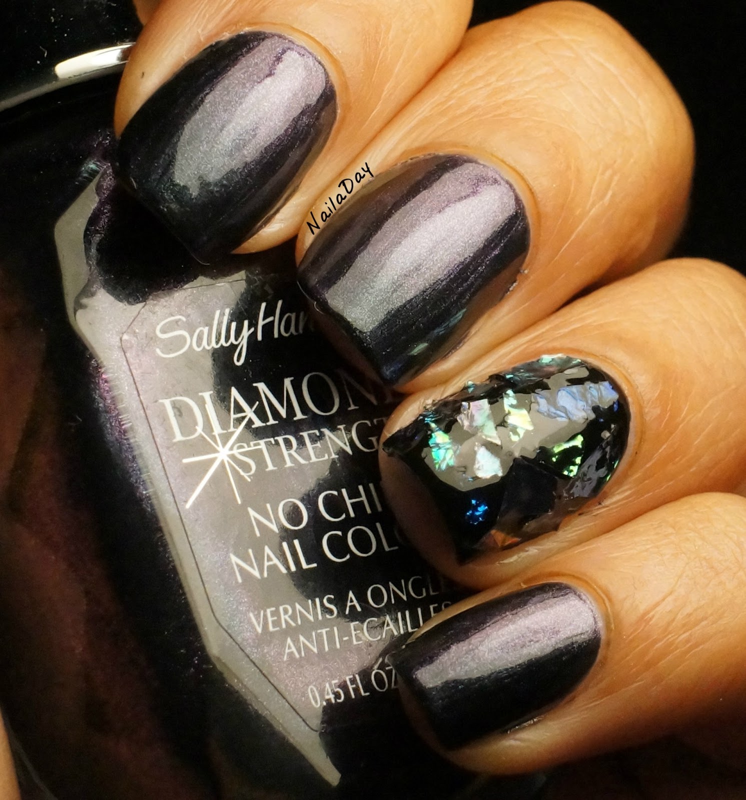 Nail a Day Sally Hansen Diamond Strength Black Tie and mylar flake accent