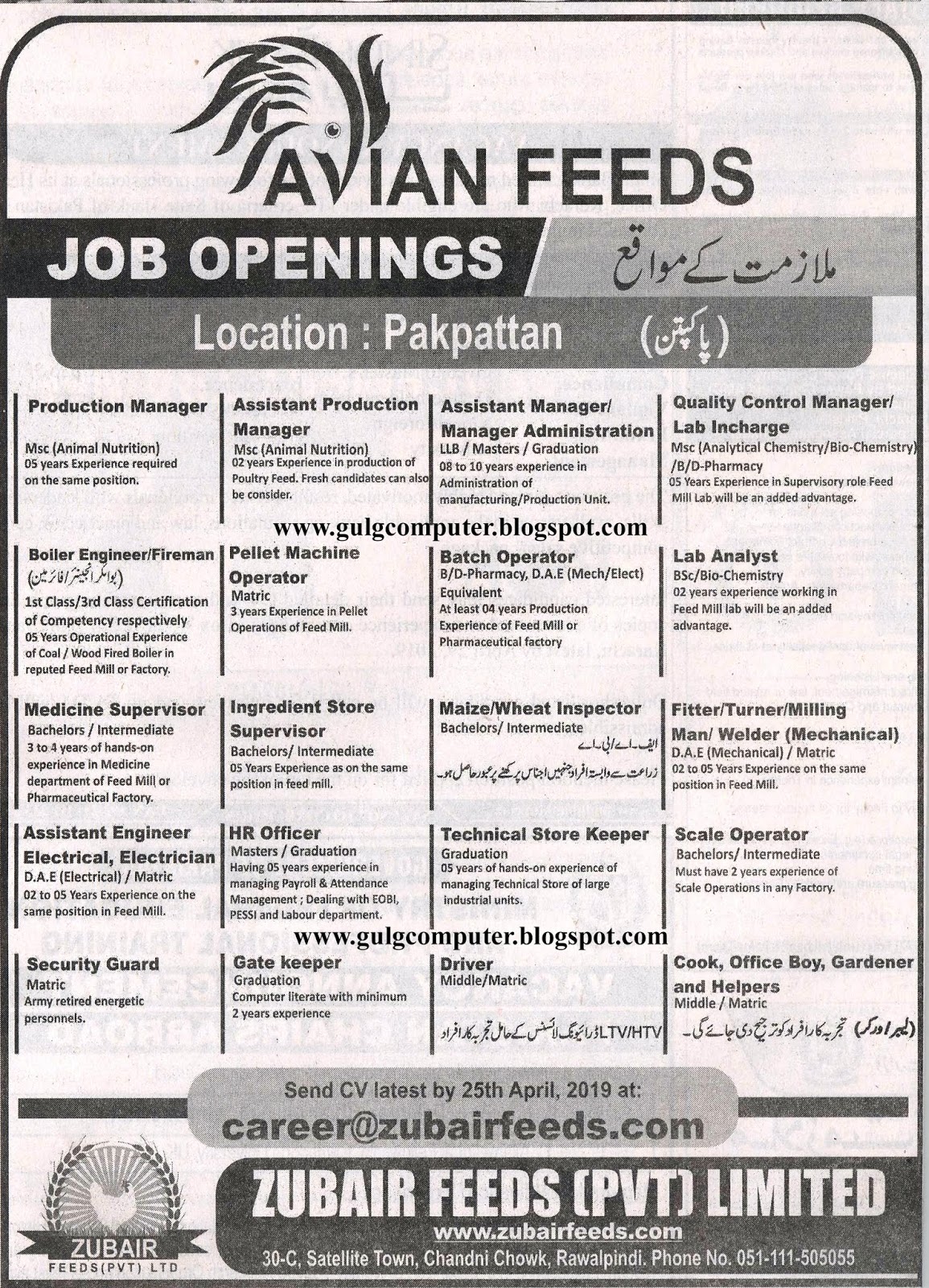 Avian Feeds Job Openings Zubair Feeds Pvt Limited Gul G Computer