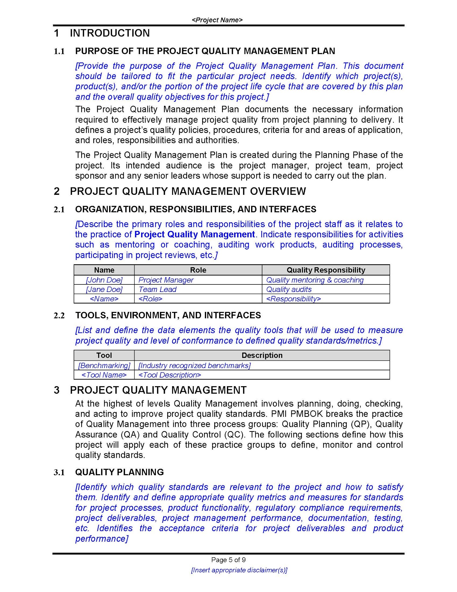 Quality Management Plan Template Free Download
