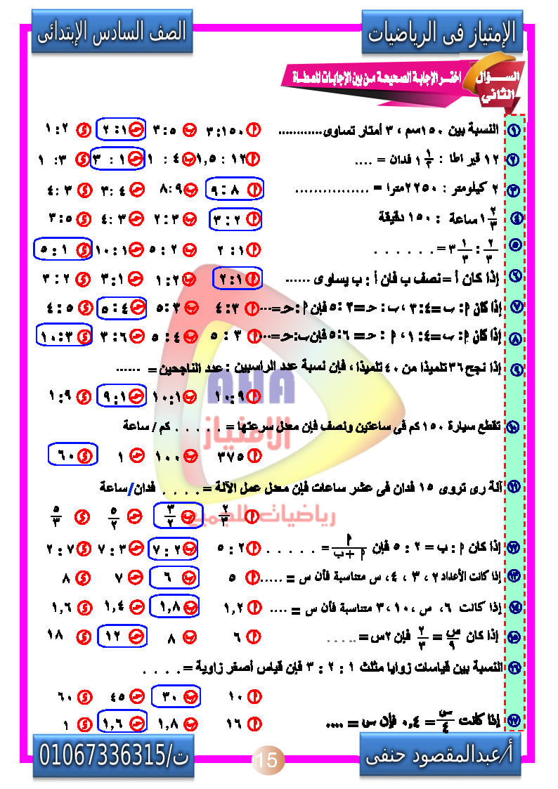 ملخص رياضيات الصف السادس الابتدائى ترم اول