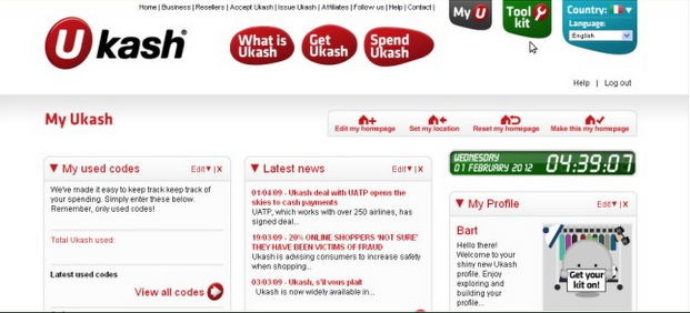 Ukash Account Deposit Screen