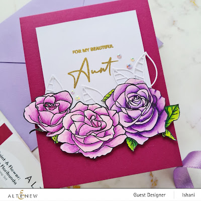 Altenew Rose stamp. Altenew Rosa Floribunda, Pain a flower stamp set, Card for Aunt, Coloring Roses with Copics, Cards by Ishani, Quillish, Elegant Rose card