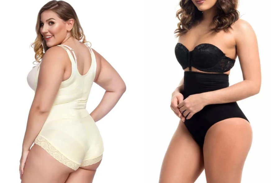 collage with three women wearing plus-size shapewear