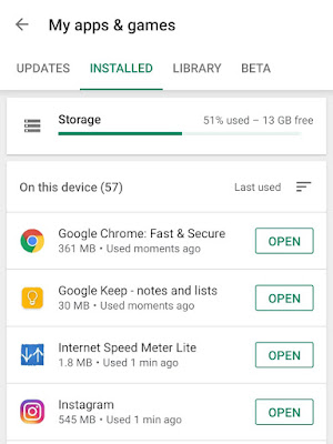 Last used apps Play Store