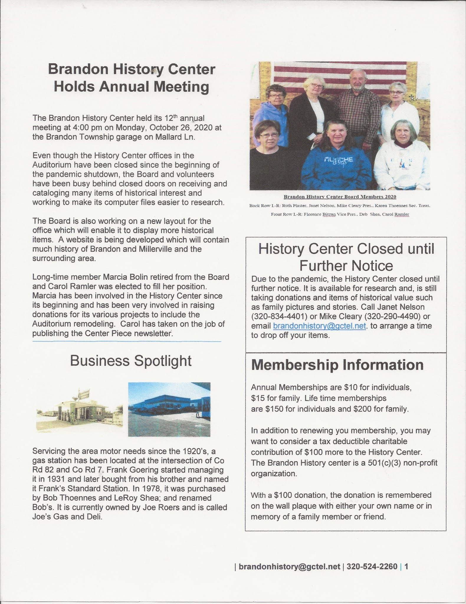Brandon Mn History Center Brandon History Center Winter Newsletter