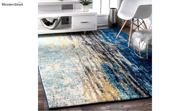 Blue Abstract Pattern Vintage Nylon Carpet - 6 x 4 Feet