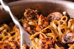 Chicken and Mushroom Pasta with Simple Pesto White Wine Sauce