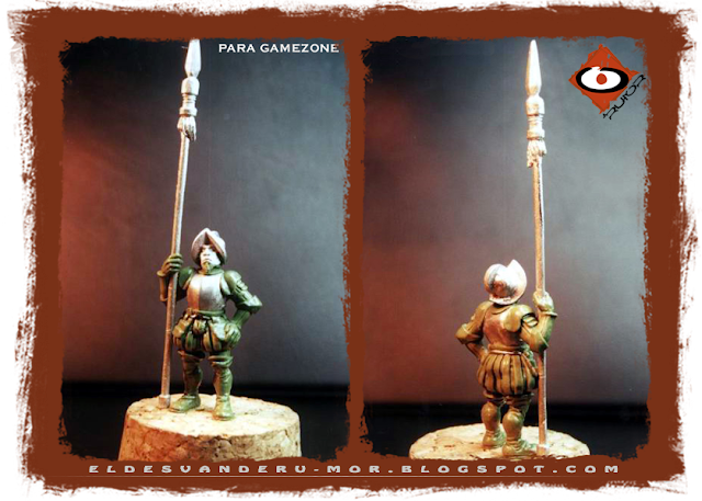 Miniatura diseñada y esculpida por ªRU-MOR para gamezone, de los tercios del Imperio a escala warhammer fantasy. Representa a un piquero