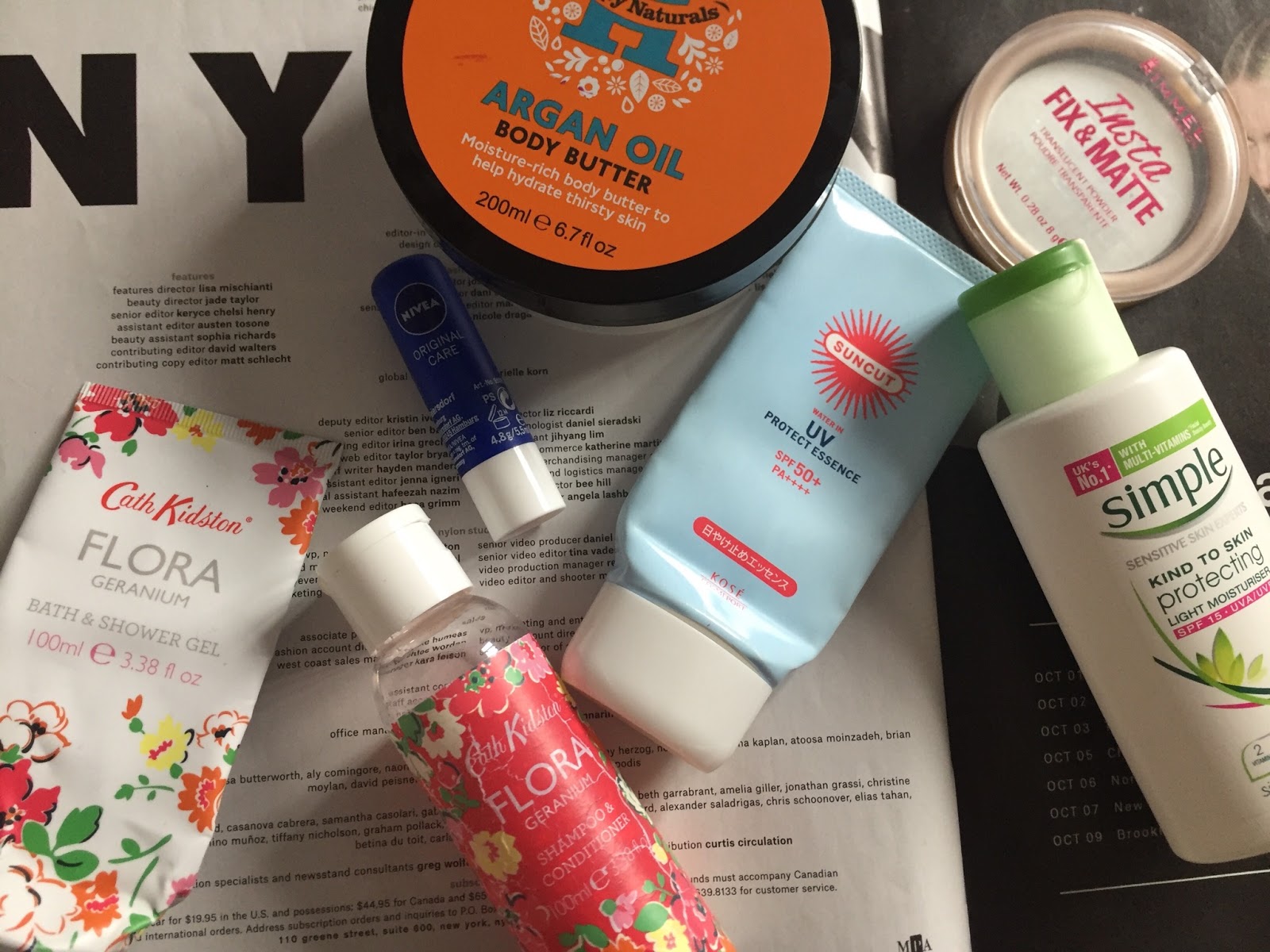 flatlay of empty beauty products including Nivea, Kosé and Cath Kidston