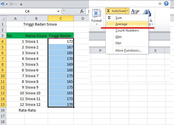 cara menghitung rata-rata tinggi badan di excel