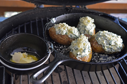 Cooking twice baked potatoes on a Big Green Egg kamado grill