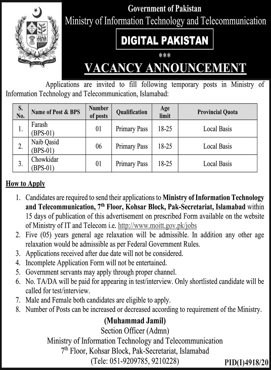 Management jobs in Ministry of Information Technology & Telecommunication