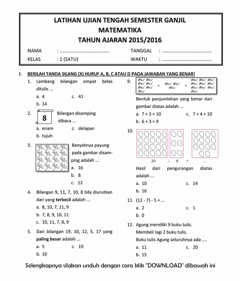 Download Soal Matematika Kelas 1 Sd Pdf Terbaru