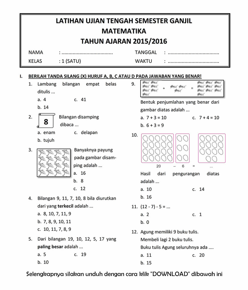 Soal Matematika Kelas 1 Sd Penjumlahan Dan Pengurangan