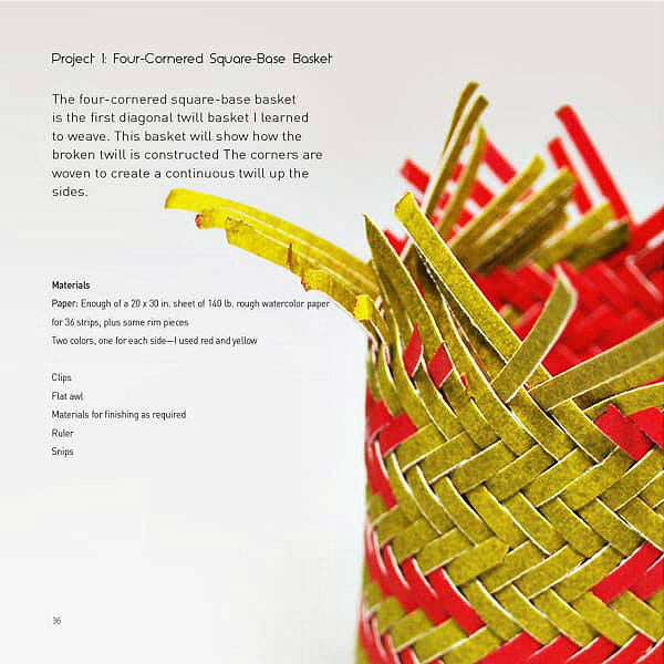 book page showing project text and red and yellow woven paper basket