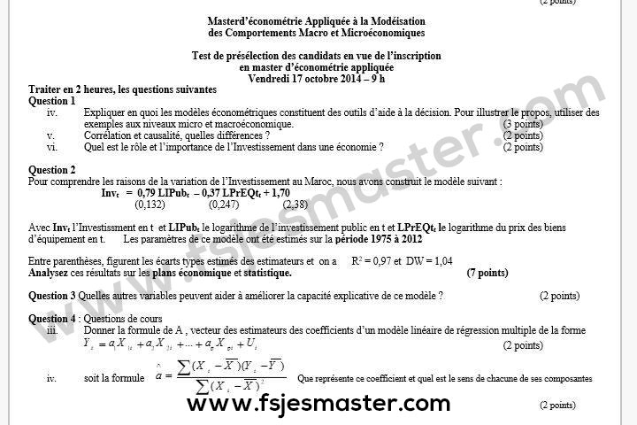 Exemple Concours Master Économétrie Appliquée à la Modélisation des Comportements Macro et Microéconomiques 2014 - Fsjes Ain Chock