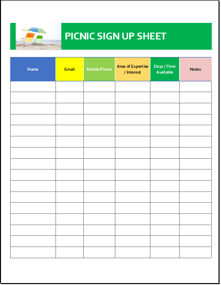 Picnic Sign Up Sheet Template