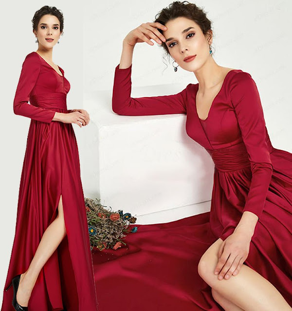 Red Long Sleeves Slit Evening Party Dress 