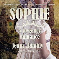SOPHIE: A Regency Romance audiobook cover. A woman in a white dress and bonnet trimmed with lilac ribbon faces away from the viewer, with an Italian villa in the background.