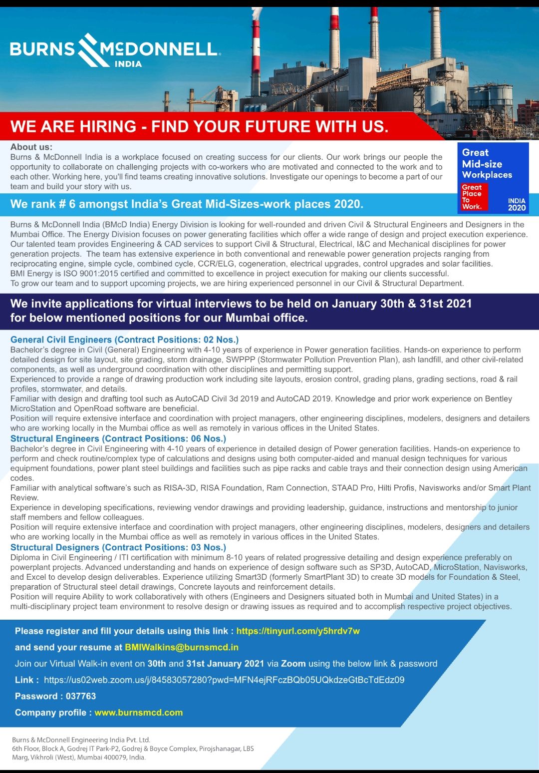 JOB ALERTS HUB Burns & McDonnell Engineering India Virtual WalkIn