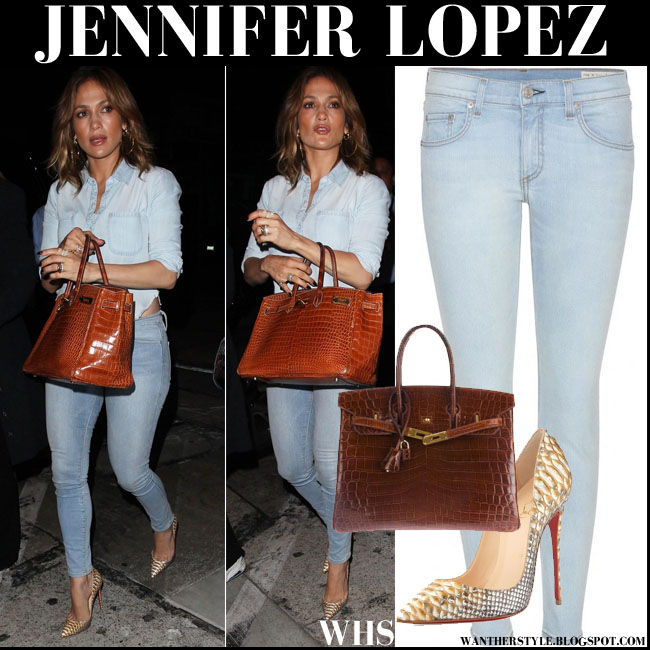 Jennifer Lopez in denim shirt and denim jeans with snake pumps and ...