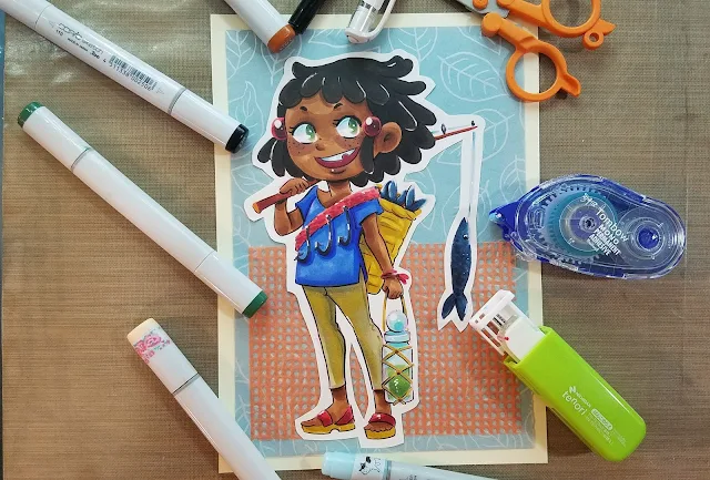 Illustration of a small girl with a big fish rendered with Copic marker