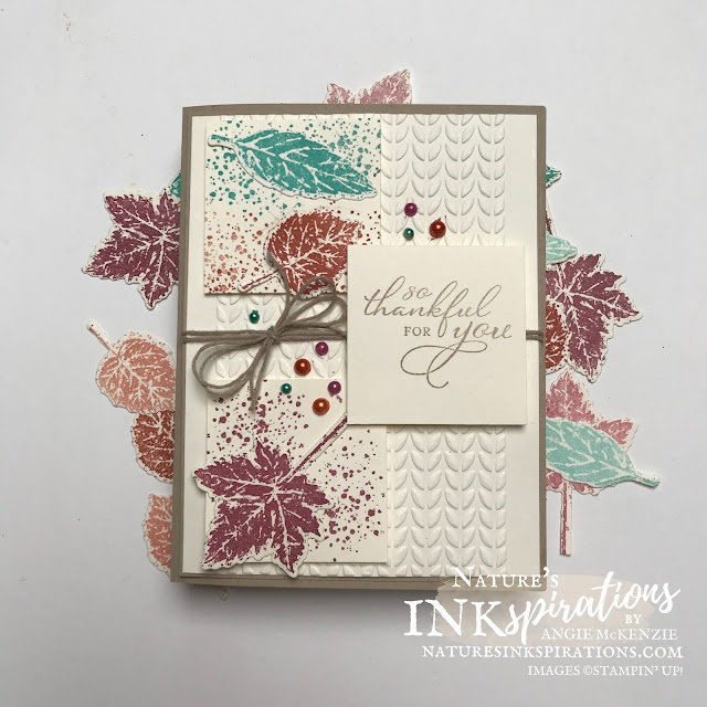 By Angie McKenzie for Crafty Collaborations Share it Sunday Blog Hop; Click READ or VISIT to go to my blog for details! Featuring the Gorgeous Leaves Bundle, Pretty Pumpkins Stamp Set and Greenery Embossing Folders by Stampin' Up!; #fallcards #lotsofleaves #leaves #stampinupcolorcoordination #stamping #shareitsunday #shareitsundaybloghop #intricatedleaves #prettypumpkins #gorgeousleaves  #splatters #julydecember2021minicatalog #20212022annualcatalog #naturesinkspirations #makingotherssmileonecreationatatime #cardtechniques #stampinup #stampinupink #handmadecards #papercrafts