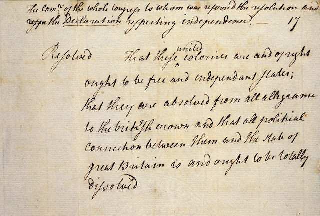 Continental Congress Resolution for Independency passed on vote, courtesy of the Papers of the Continental Congress, 1774-1783; Records of the Continental and Confederation Congresses and the Constitutional Convention, 1774-1789, Record Group 360; National Archives - http://www.richardhenrylee.org/