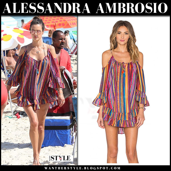 Alessandra Ambrosio in striped off shoulder mini dress on the beach in