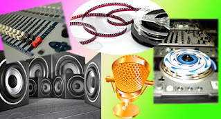 Imagen collage con fotografías de elementos de audio (Micrófono, Altavoces, Mesas y plato DJ)