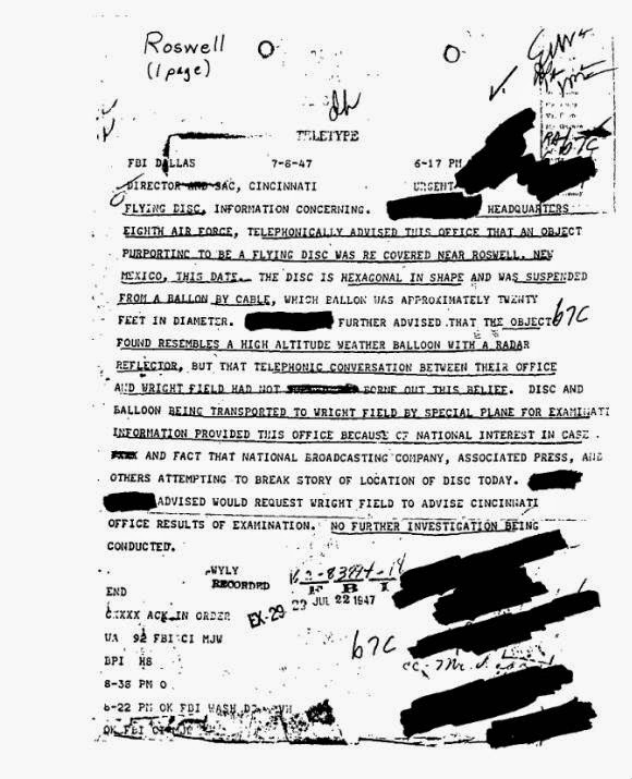 Official teletype send by FBI Dallas Field Office on July 8, 1947