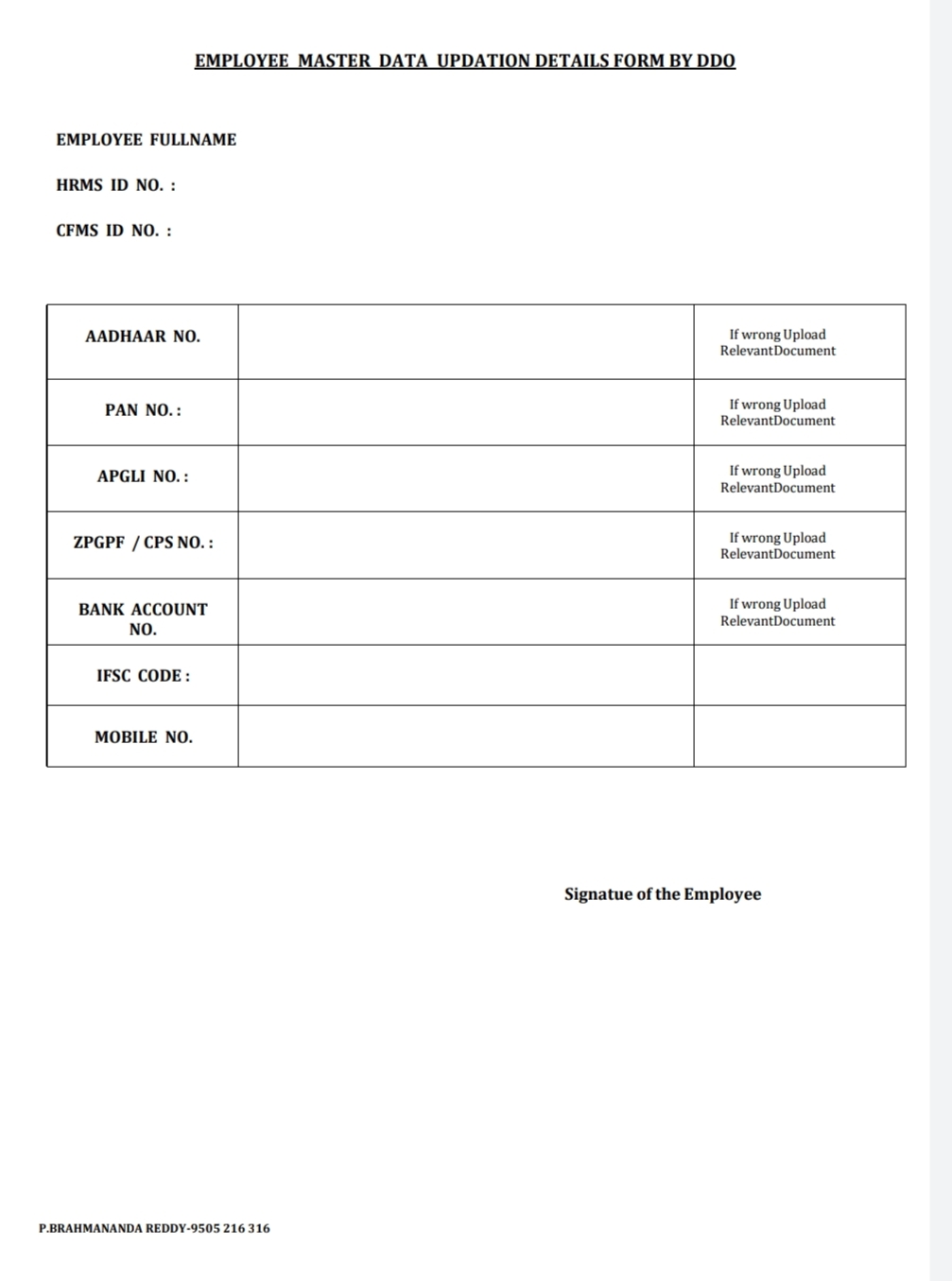 EMPLOYEE MASTER DATA UPDATION DETAILS FORM BY DDO APEdu