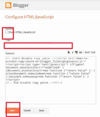 Paste JavaScript code, save Blogger blog from coping