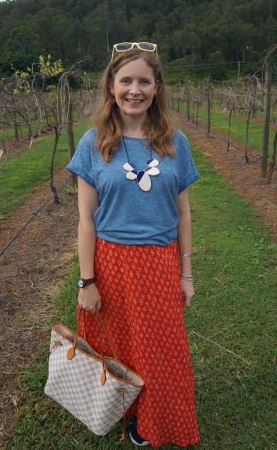 Away From Blue, Aussie Mum Style, Away From The Blue Jeans Rut: Blue and  Red: Printed Maxi Skirt Outfits With Louis Vuitton Neverfull