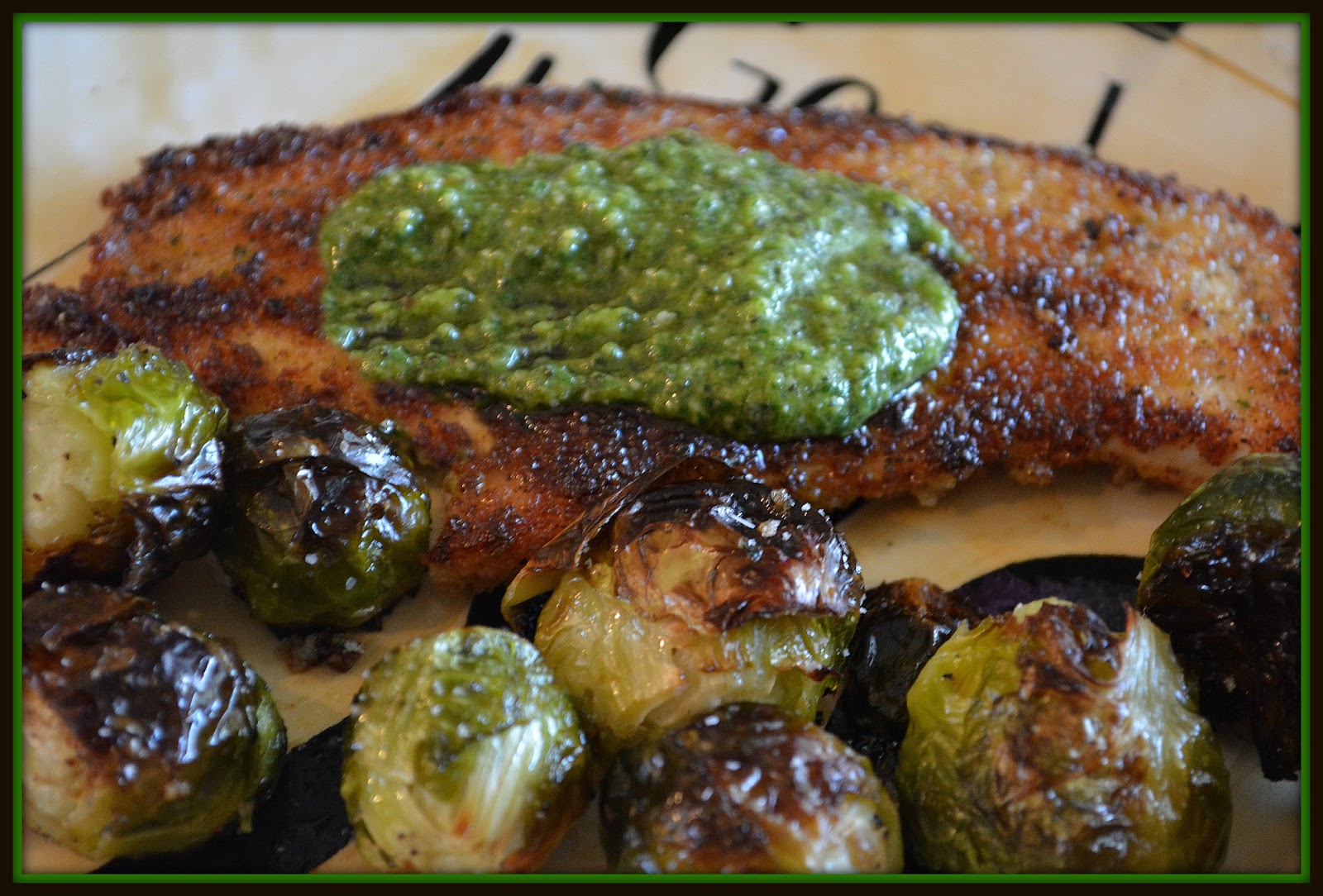 CHICKEN FRIED IN AVOCADO OIL & TOPPED WITH PESTO SERVED WITH ROASTED