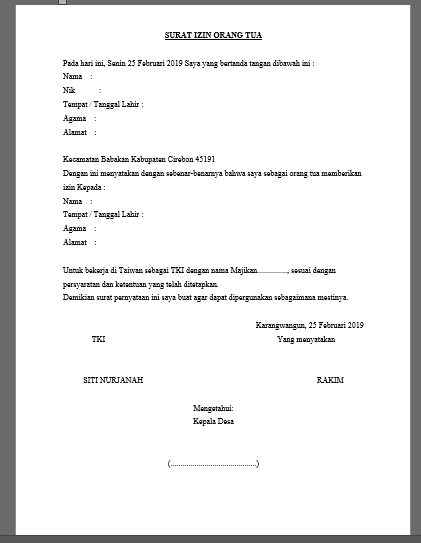 Contoh Surat Izin Orang Tua Gudang Surat