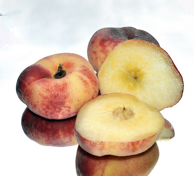 Plattpfirsich (Prunus persica var. platycarpa oder paraguayo) Bergpfirsich