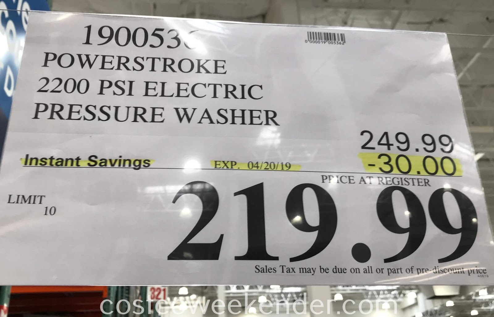 PowerStroke 2200 PSI Electric Pressure Washer Costco Weekender