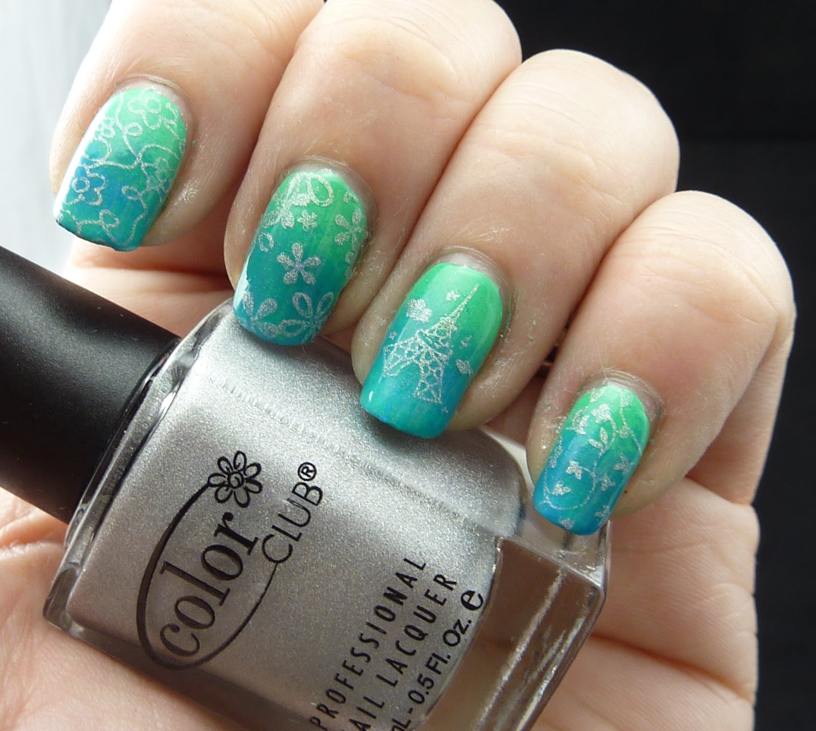 Jas's Blingtastic Nails: Green and Blue Gradient with Stamping