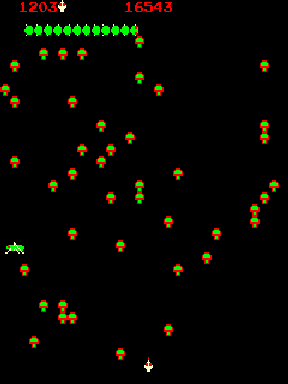 Sample gameplay from the 1980 arcade game, Centipede.  The spider sprite is replaced with the grasshopper to show how it might have looked during gameplay.