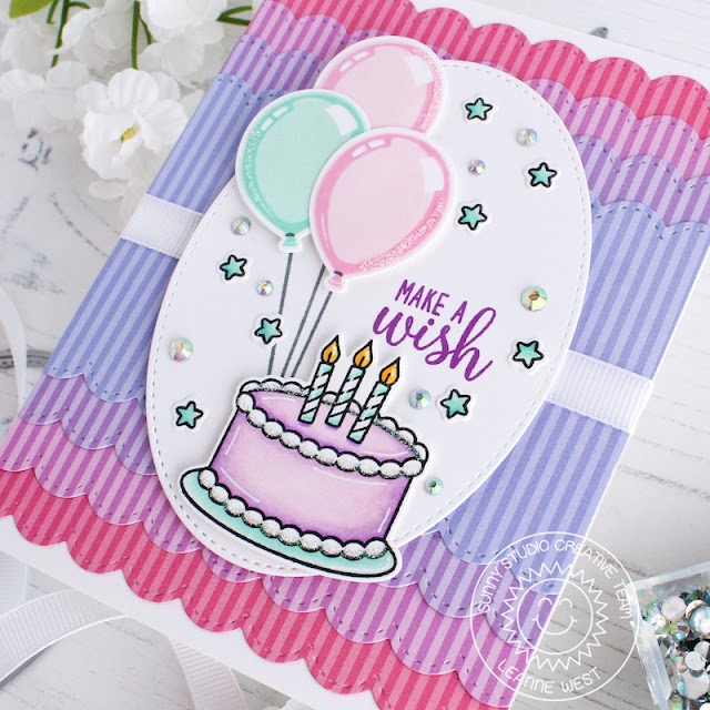 Sunny Studio Stamps: Make A Wish Stiched Oval Die Stitched Scallop Dies Happy Birthday Card by Leanne West 