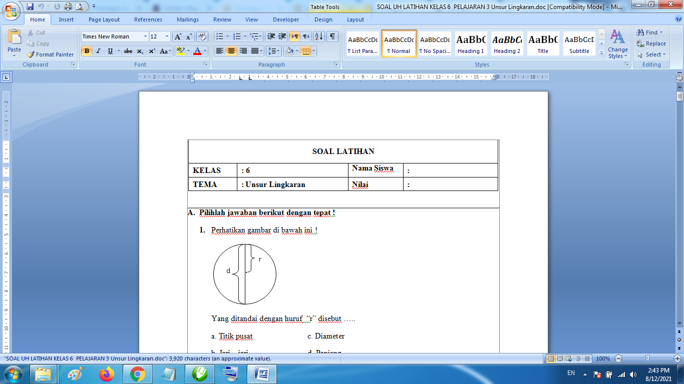Soal Matematika Kelas 6 Unsur Lingkaran dan Kunci Jawaban