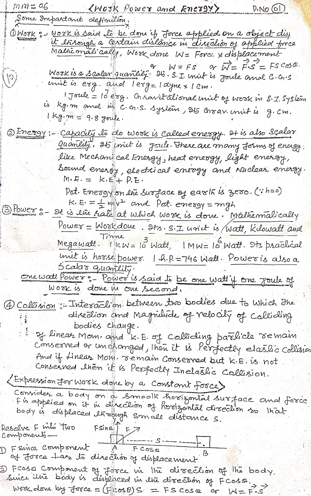 Work Energy And Power Handwritten Notes For Class 11th