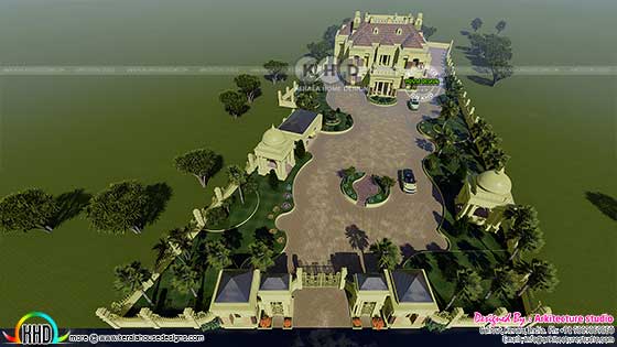 Aerial view of Colonial house with landscaping design